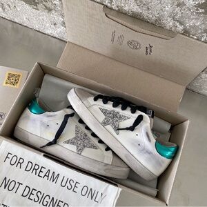 Golden Goose White Leather Sandals with Silver Glitter Star and Teal Heel Tab